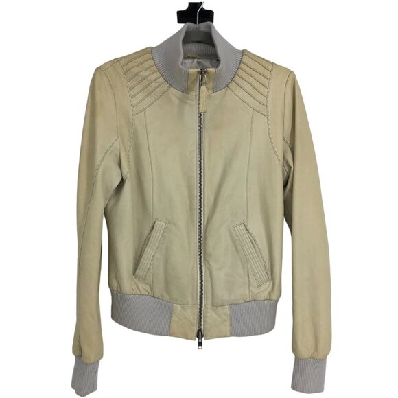 Aritzia Mackage Beige/Cream Lamb leather bomber style moto jacket size L - Picture 1 of 16